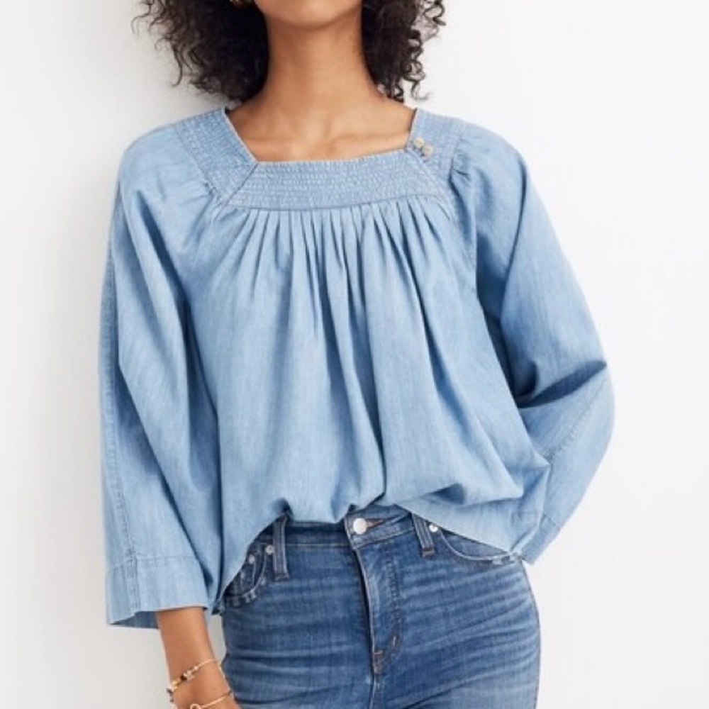 Madewell Oversized 3/4 Wide Sleeve Flowy Chambray Denim Top Size S Square Neck